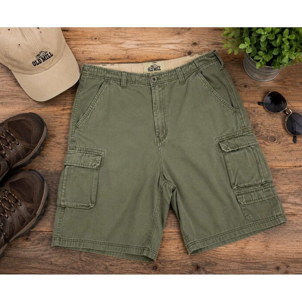 Old Mill Mens Olive‎ Green Cotton Cargo Shorts Size 38 Utility Workwear Casual